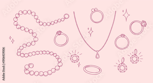 Delicate Hand-Drawn Pink Jewelry Collection on a Soft Pastel Background, Featuring Rings, Necklaces, Bracelets, and Sparkling Gems