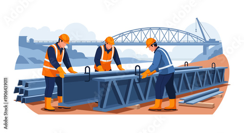 Construction workers assembling bridge steel beams outdoors.