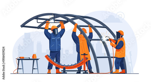 Construction workers assembling a metal structure on a site.