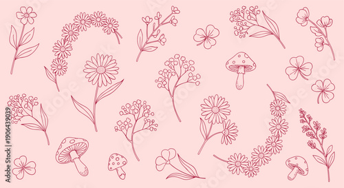 Delicate hand-drawn botanical illustrations of whimsical flowers, mushrooms, and clover in a charming, minimalist line art style on a soft pink background.