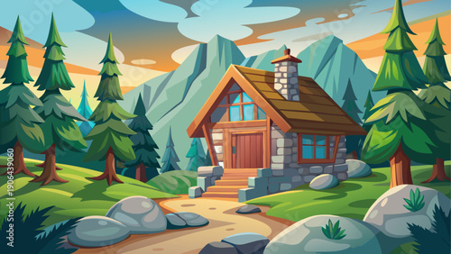 Cartoon vector of a stone mountain cabin surrounded by rocks and pine trees with soft light and flat clean illustration style