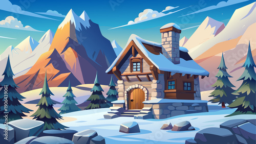 Cartoon vector illustration of a stone lodge in snowy mountains with soft winter colors and clean flat style