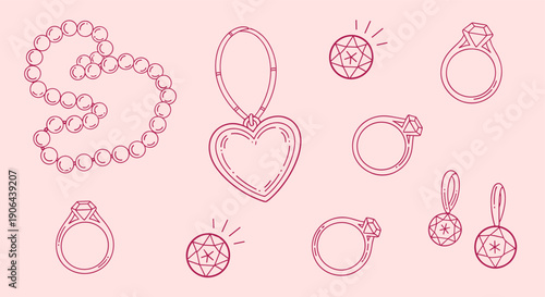 Elegant Collection of Red Outline Jewelry Icons: Rings, Earrings, Necklace, and Pendant on a Soft Pink Background