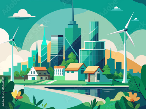 Vibrant Cityscape with Modern Skyscrapers and Wind Turbines