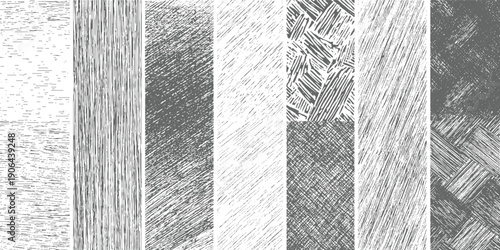 Collection of seven distinct monochromatic textured patterns featuring varied line densities and orientations