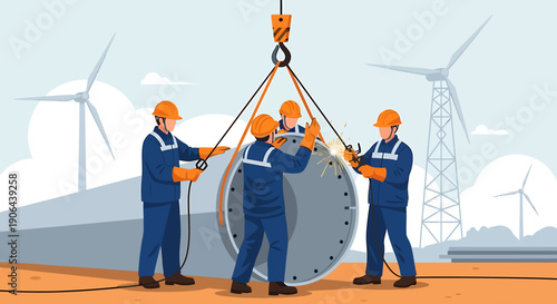 Construction workers installing large metal component with crane at wind farm.