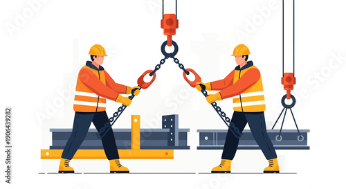 Construction workers operating a heavy duty crane lifting steel beams.