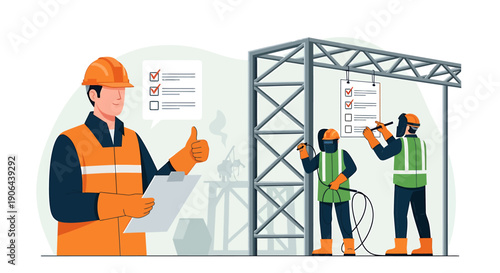 Construction workers performing safety checks and tasks on site.