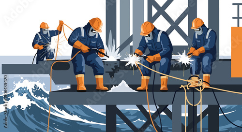 Construction workers welding on an offshore oil rig platform.