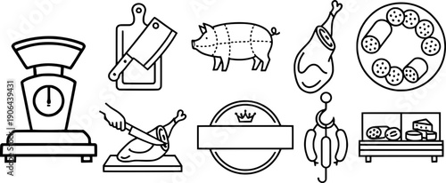 Butcher shop and charcuterie linear icon set. Vector illustrations featuring a kitchen scale, meat cleaver, pig diagram, ham leg, sausages, and deli display counter for traditional meat markets.