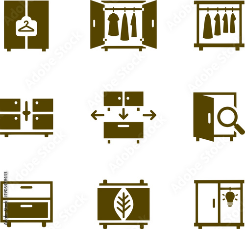 Wardrobe and home furniture icon set. Vector symbols for interior organization including closets with clothes, open cabinets, drawers, eco-friendly furniture, and smart storage solutions.