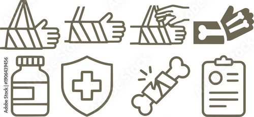 First aid and traumatology icon set. Vector illustrations of bone fractures, hand bandages, x-ray, medical cross shield, medicine bottle, and patient clinical record for injury recovery.
