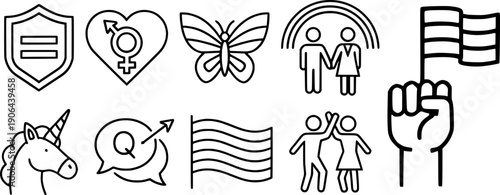 LGBTQ+ pride and human rights linear icon set. Illustrations of rainbow flags, gender symbols, equality shield, unicorn, butterfly, and people celebrating diversity and inclusion.