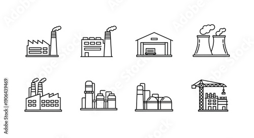 Collection of Industrial Factory Building Icons Vector Illustration.