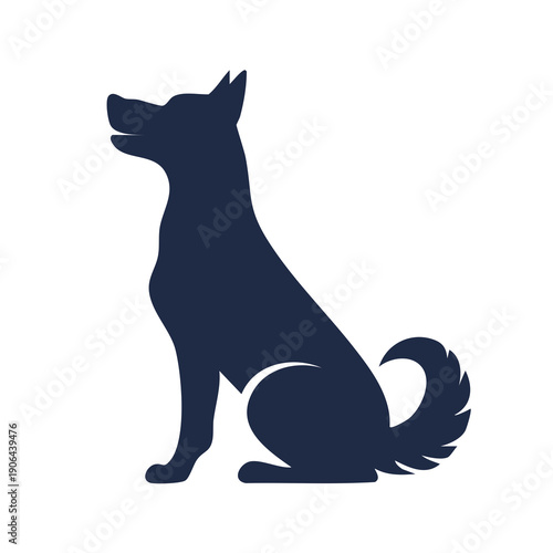 A sitting dog illustration viewed from the side with its head up and tail curled