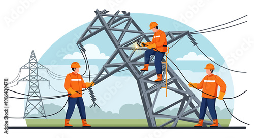 Electricians working on high voltage power line tower construction.