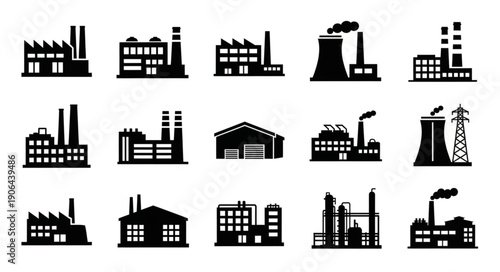 Collection of industrial factory building icons silhouette.