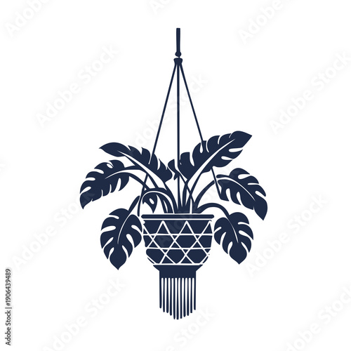 Hanging Plant with Large Leaves in Decorative Pot Suspended from Above, Captured from a Straight-On Viewpoint