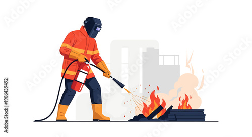 Firefighter bravely battles intense flames with hose.