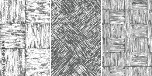 Three distinct grey and white textured patterns featuring linear and crosshatched square and rectangular blocks