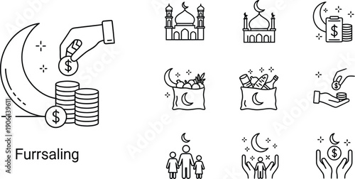 Ramadan charity icons: giving money, food, and family support
