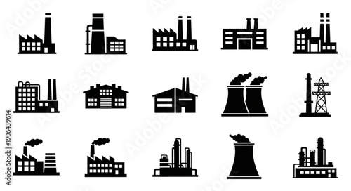 Collection of Industrial Factory Building Icons Vector Illustration.