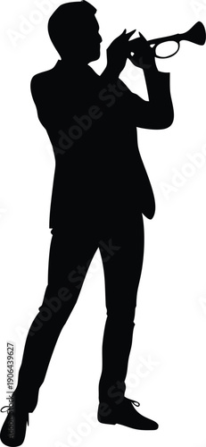 A silhouetted musician passionately plays a brass trumpet against a white background