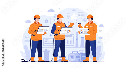 Three construction workers in orange vests and helmets holding clipboards.