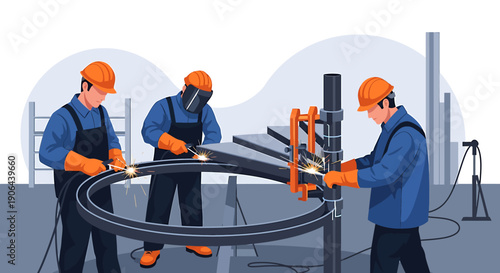 Three construction workers welding metal structures together on a project.
