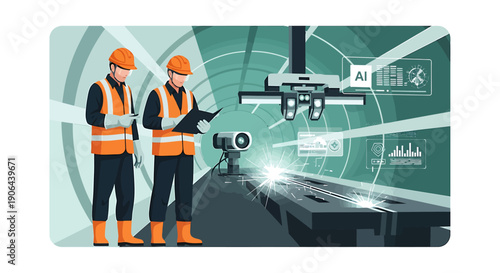 Two construction workers in safety vests and hard hats observing a futuristic industrial setting with AI technology.