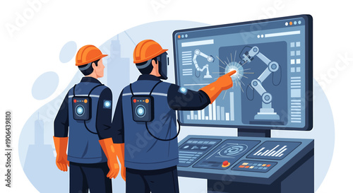 Two engineers working on a robotic arm control panel.