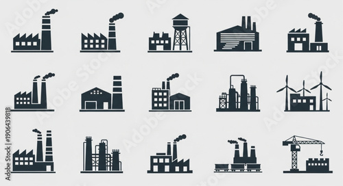Collection of Industrial Factory Building Icons and Symbols.