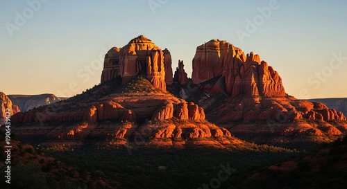 Sunset over cathedral rock formation in arizona desert landscape