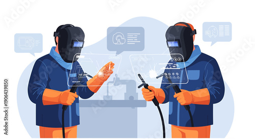 Two welders in protective gear discussing work with holographic displays.