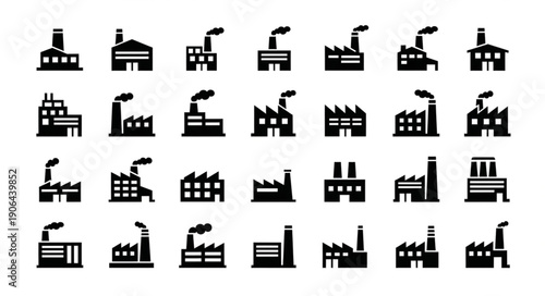Collection of Industrial Factory Building Icons in Silhouette.