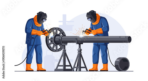Two welders in protective gear working on a large pipe.