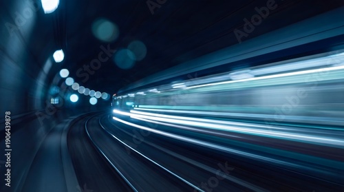 High-Speed Train with Light Trails in Illuminated Tunnel