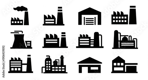 Collection of Industrial Factory Building Icons in Silhouette.
