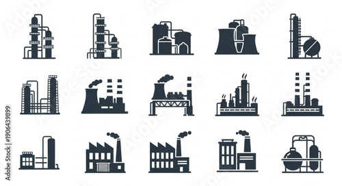 Collection of industrial factory building icons in silhouette style.