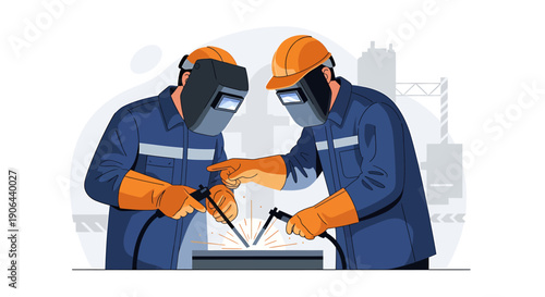 Two welders working together on a project wearing protective gear.