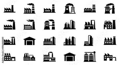 Collection of Industrial Factory Building Icons Set Vector.