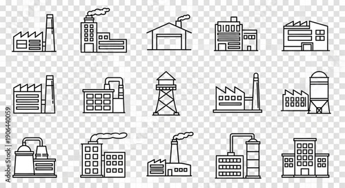 Collection of industrial factory building icons on transparent background.