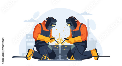 Two welders working together on a project with sparks flying.