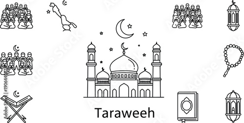 Ramadan Taraweeh prayer icons: mosque, worshippers, Quran, and lantern