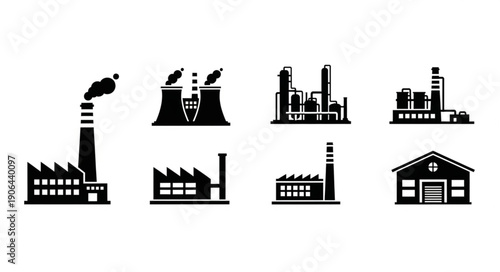 Collection of Industrial Factory Building Icons Set.