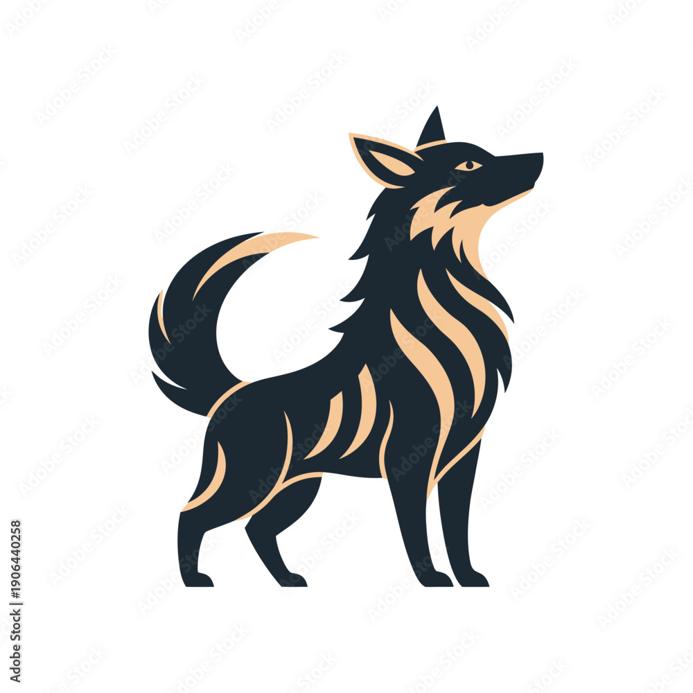 Fototapeta premium A stylized illustration of a wolf standing proudly with its head raised high and tail held upright