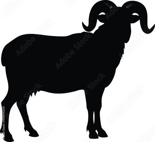 A striking silhouette of a large ram with curved horns stands boldly