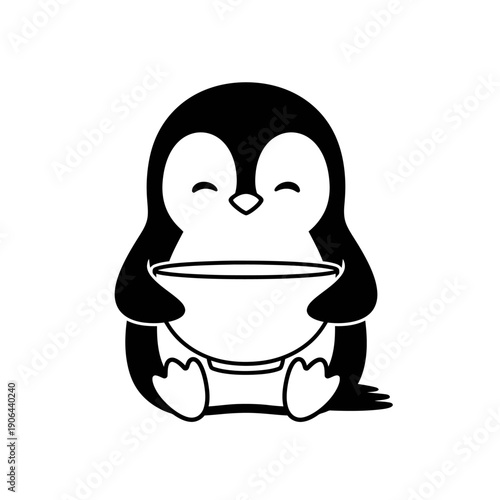 A cartoon penguin holding a bowl, sitting calmly with a peaceful expression, in a simple illustration style, viewed from the front.