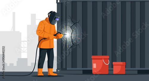 Welder in protective gear repairs large metal structure with sparks flying.