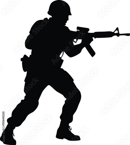 Silhouette of a soldier in combat stance aiming a rifle forward high quality
